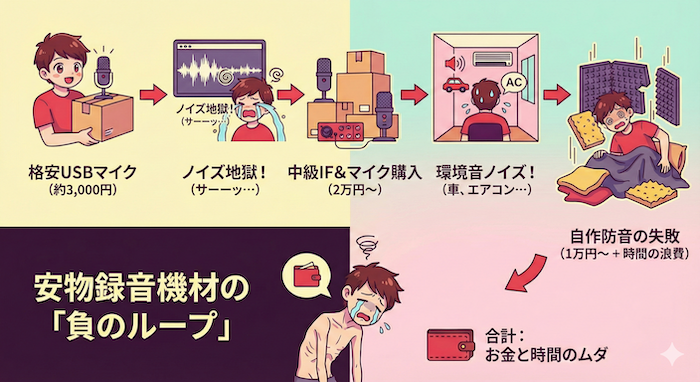 レコーディング機材の安物買いで失敗する負のループ図解