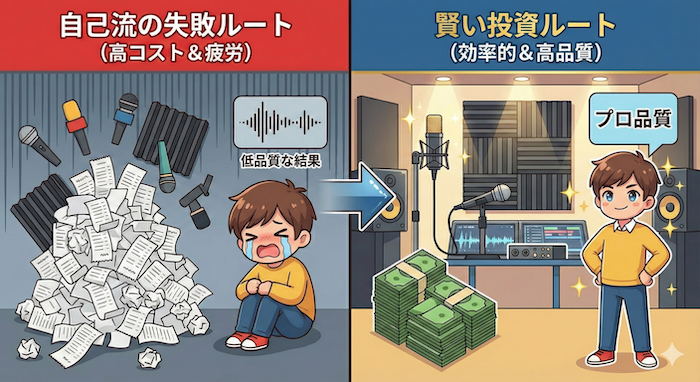 安い機材への散財とプロ用機材への投資のコストパフォーマンス比較イラスト