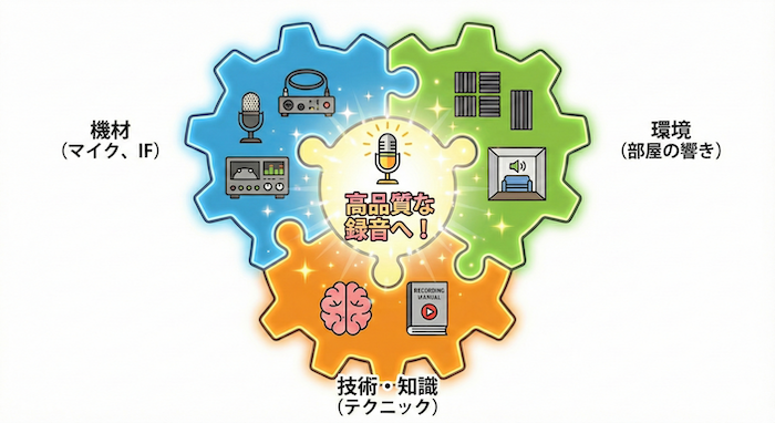 高品質な録音に必要な機材・環境・技術の3要素の概念図